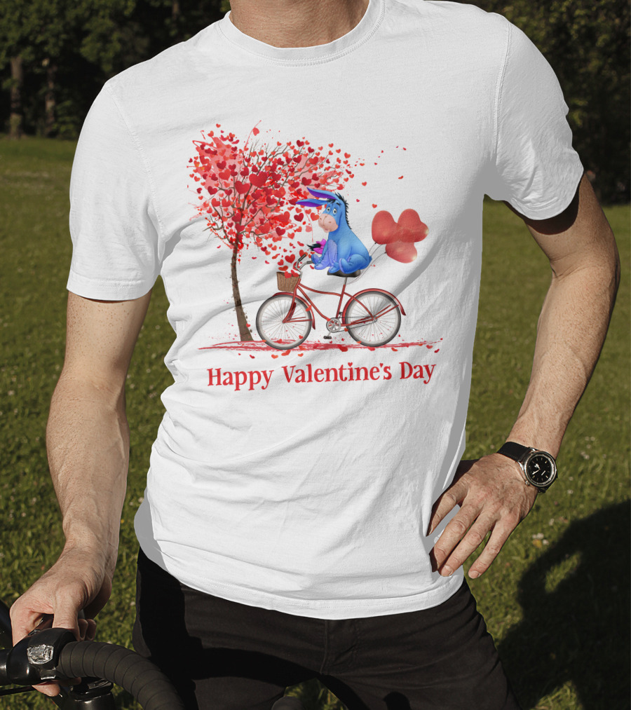 Happy Valentine's Day Eeyore On Bicycle With Heart Balloons And Tree Of Hearts T-Shirt