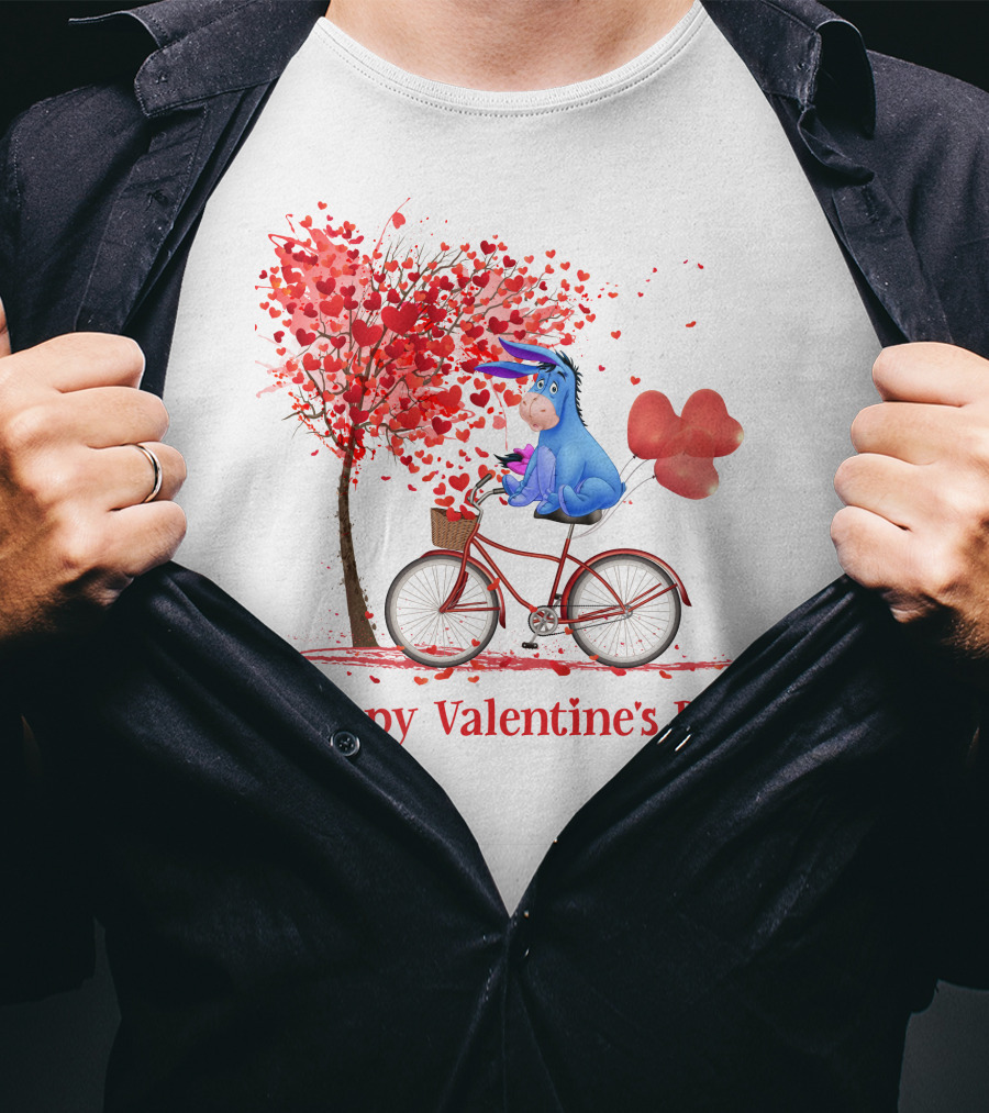Happy Valentine's Day Eeyore On Bicycle With Heart Balloons And Tree Of Hearts T-Shirt