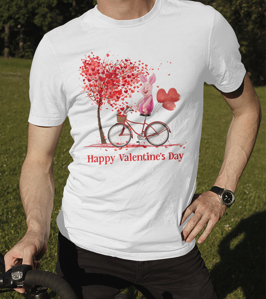 Happy Valentine's Day Piglet With Heart Balloons On Bicycle T-Shirt