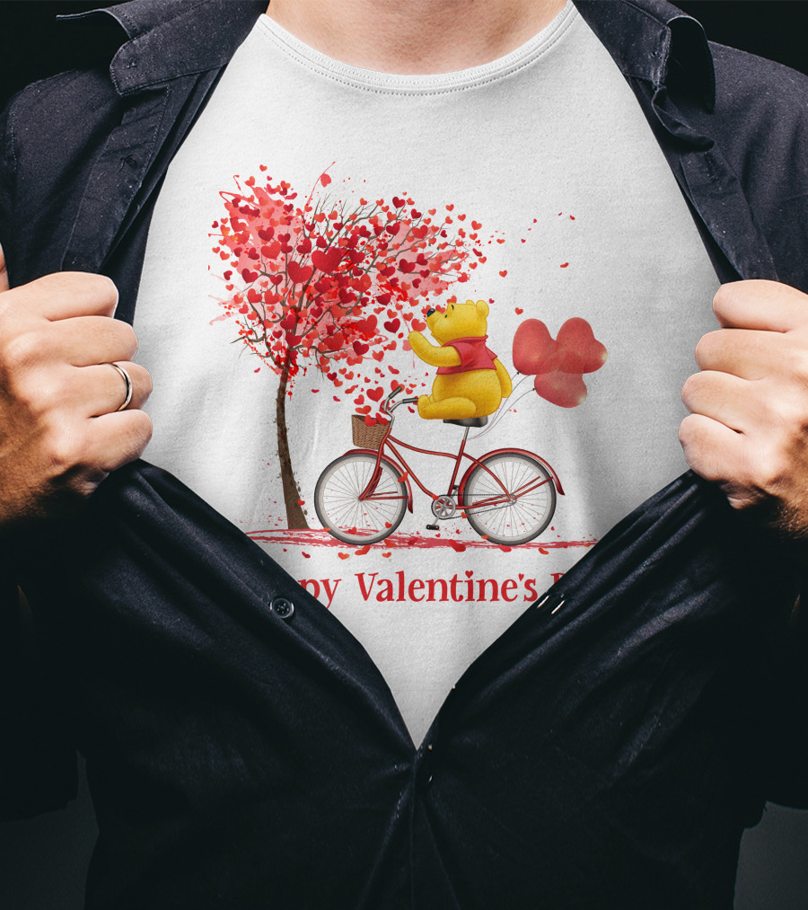 Happy Valentine's Day Bicycle Bear With Love Balloons And Heart Tree T-Shirt