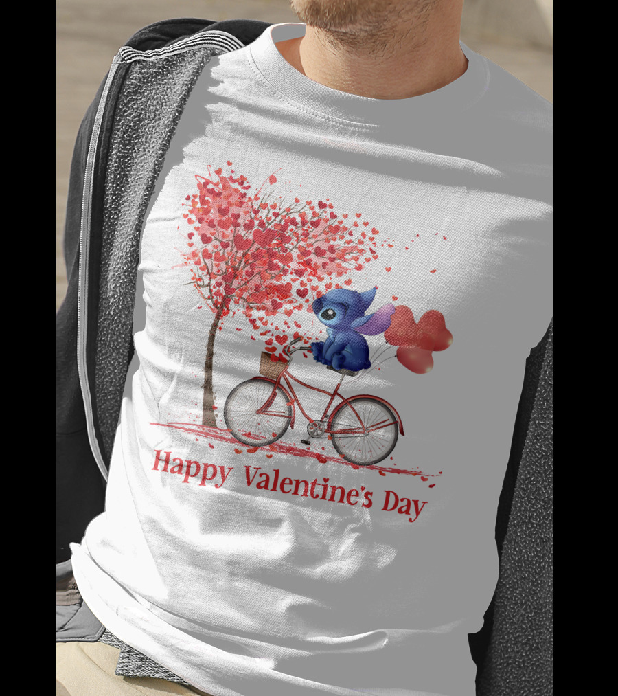 Happy Valentine's Day Stitch Bicycle Heart Balloons T-Shirt