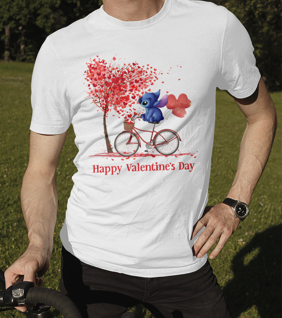 Happy Valentine's Day Stitch Bicycle Heart Balloons T-Shirt