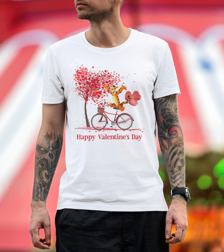 Happy Valentine's Day Tigger Riding Bicycle With Heart Balloon And Heart Tree T-Shirt