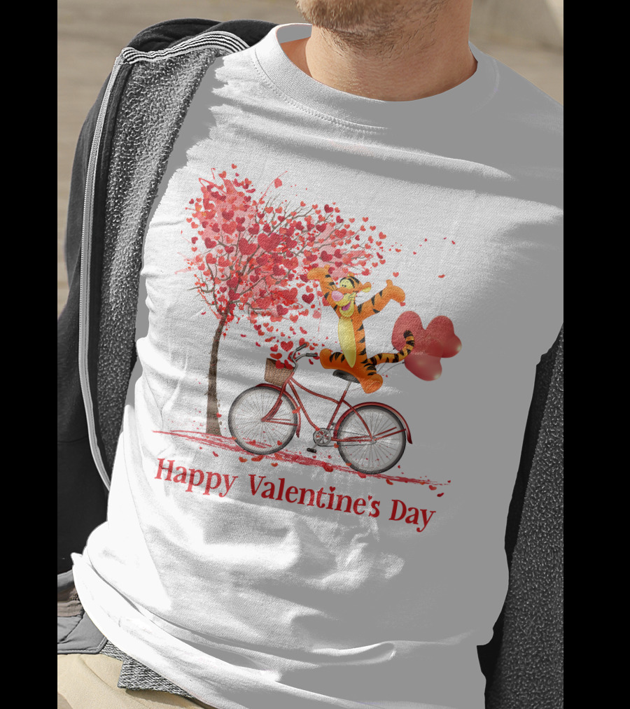 Happy Valentine's Day Tigger Riding Bicycle With Heart Balloon And Heart Tree T-Shirt