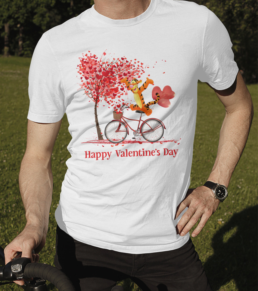 Happy Valentine's Day Tigger Riding Bicycle With Heart Balloon And Heart Tree T-Shirt