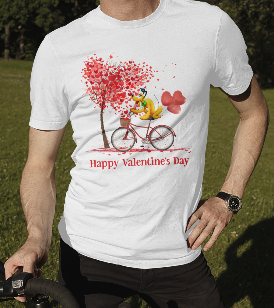 Disney Pluto Happy Valentine's Day Bicycle And Heart Tree T-Shirt