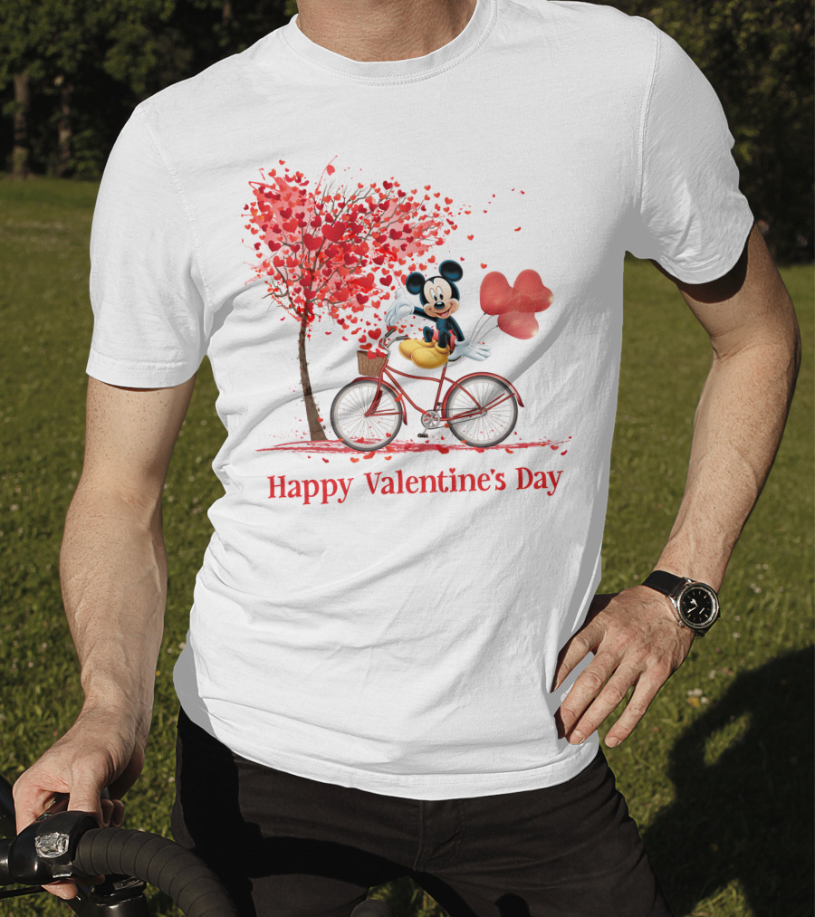 Happy Valentine's Day Mickey Mouse Hearts Bicycle Red Tree T-Shirt