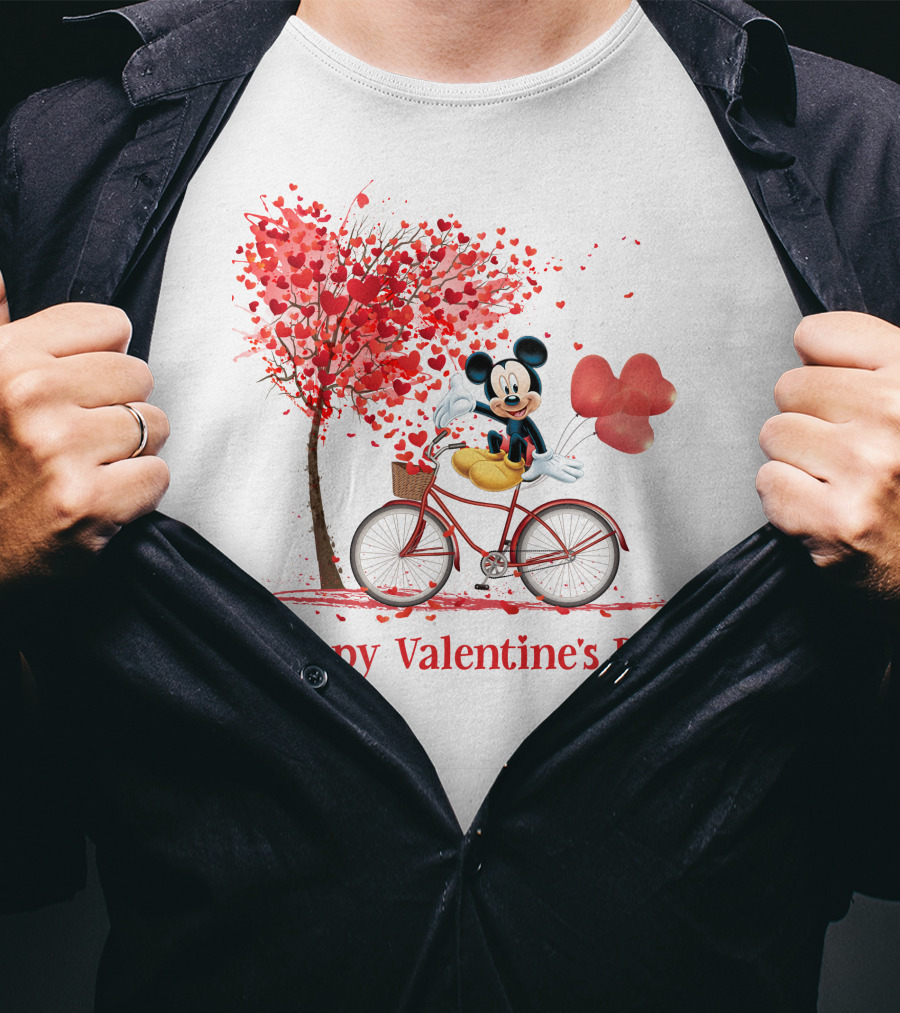 Happy Valentine's Day Mickey Mouse Hearts Bicycle Red Tree T-Shirt