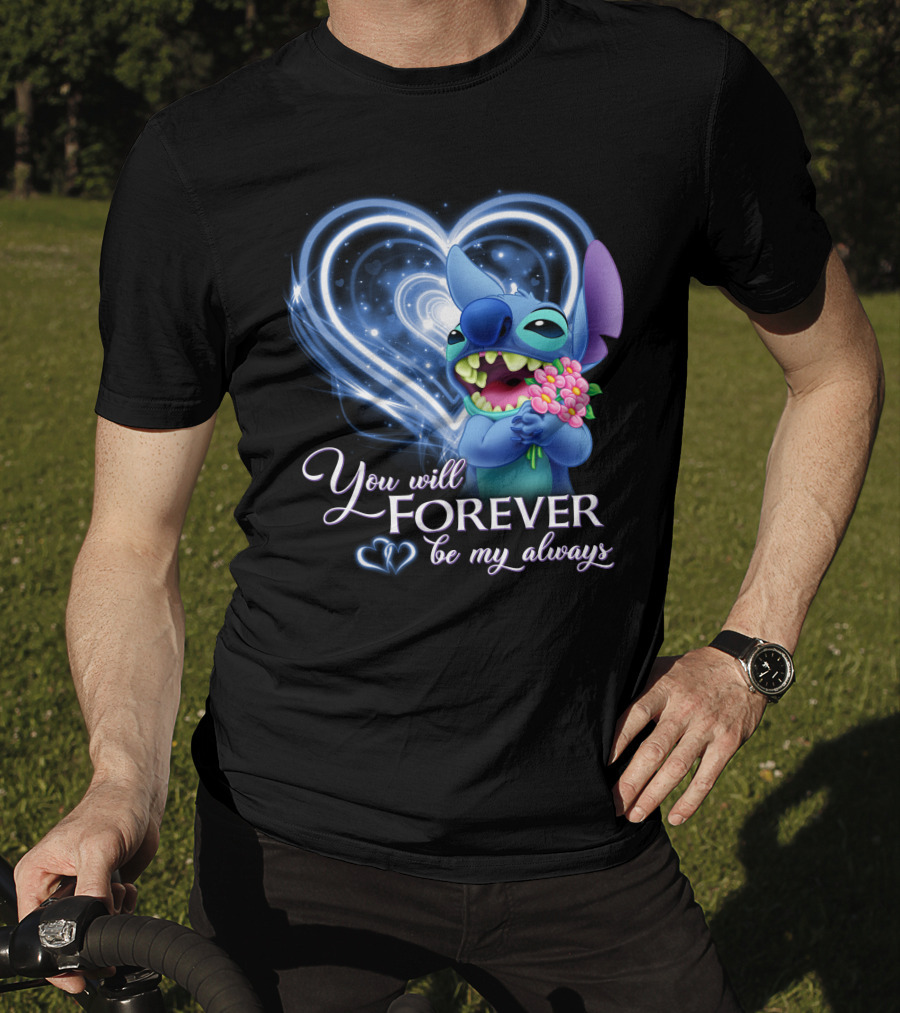 You Will Forever Be My Always Stitch Holding Flowers Heart T-Shirt