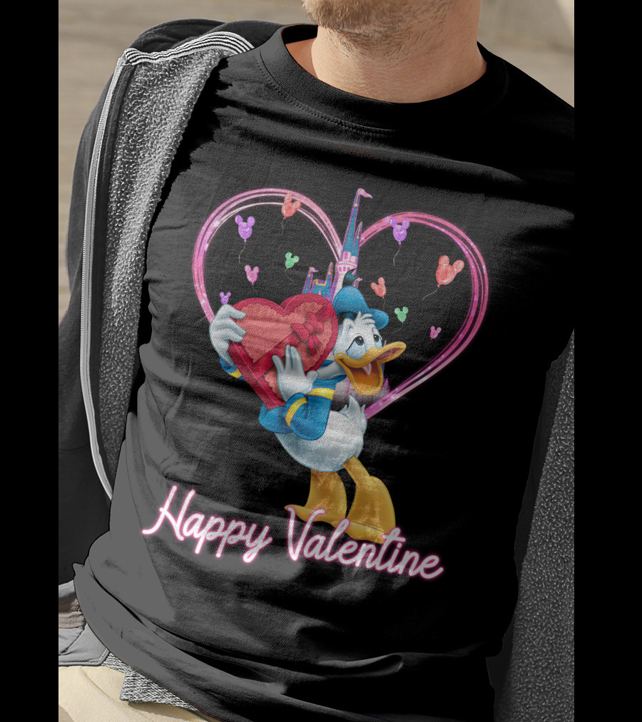 Donald Duck Happy Valentine Heart Balloons And Castle T-Shirt