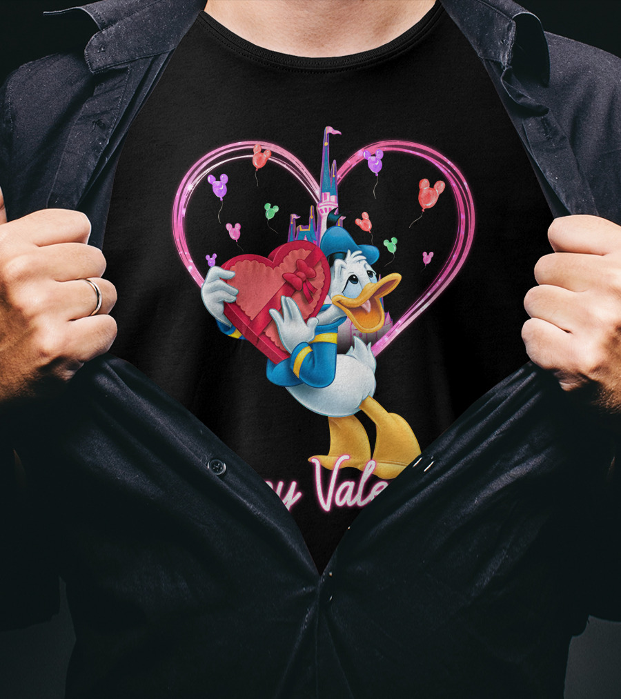 Donald Duck Happy Valentine Heart Balloons And Castle T-Shirt