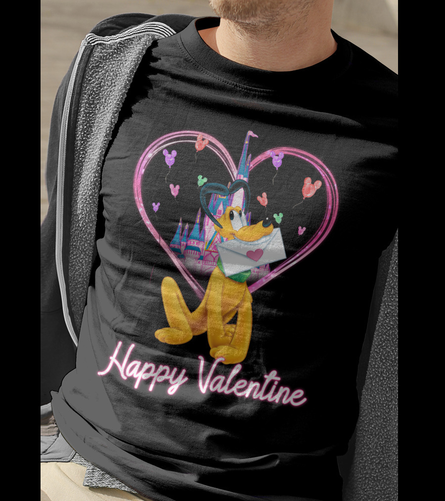 Happy Valentine Pluto Letter Heart Balloons Castle T-Shirt