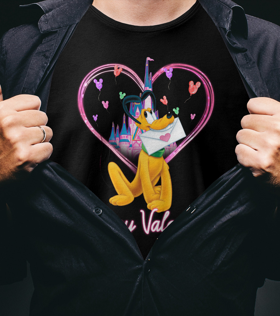 Happy Valentine Pluto Letter Heart Balloons Castle T-Shirt