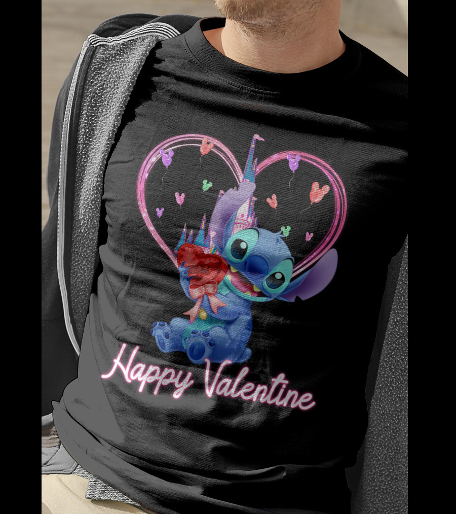 Happy Valentine Stitch Holding Heart With Castle And Balloons T-Shirt