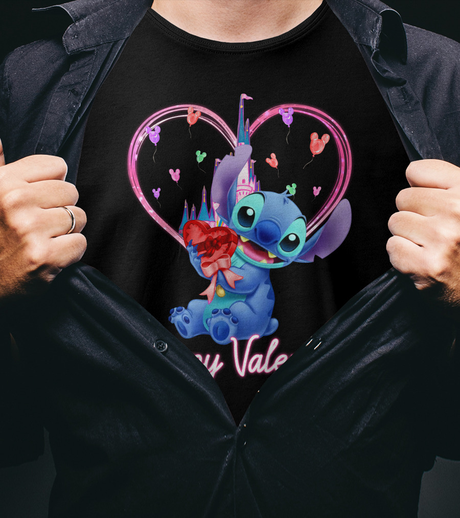 Happy Valentine Stitch Holding Heart With Castle And Balloons T-Shirt
