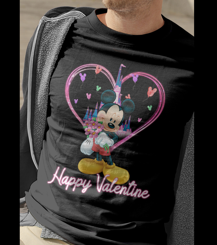 Happy Valentine Mickey Mouse Bouquet And Castle Balloons T-Shirt