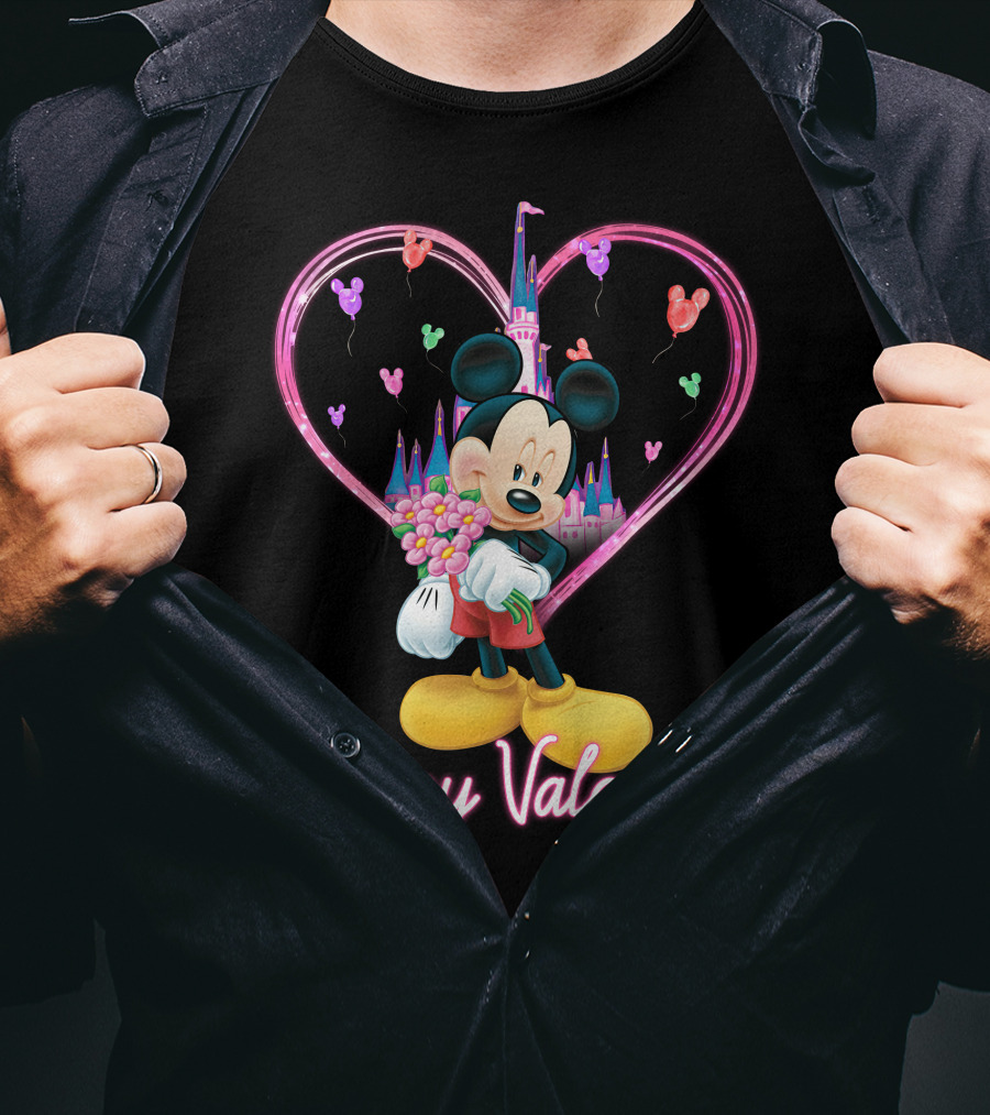 Happy Valentine Mickey Mouse Bouquet And Castle Balloons T-Shirt