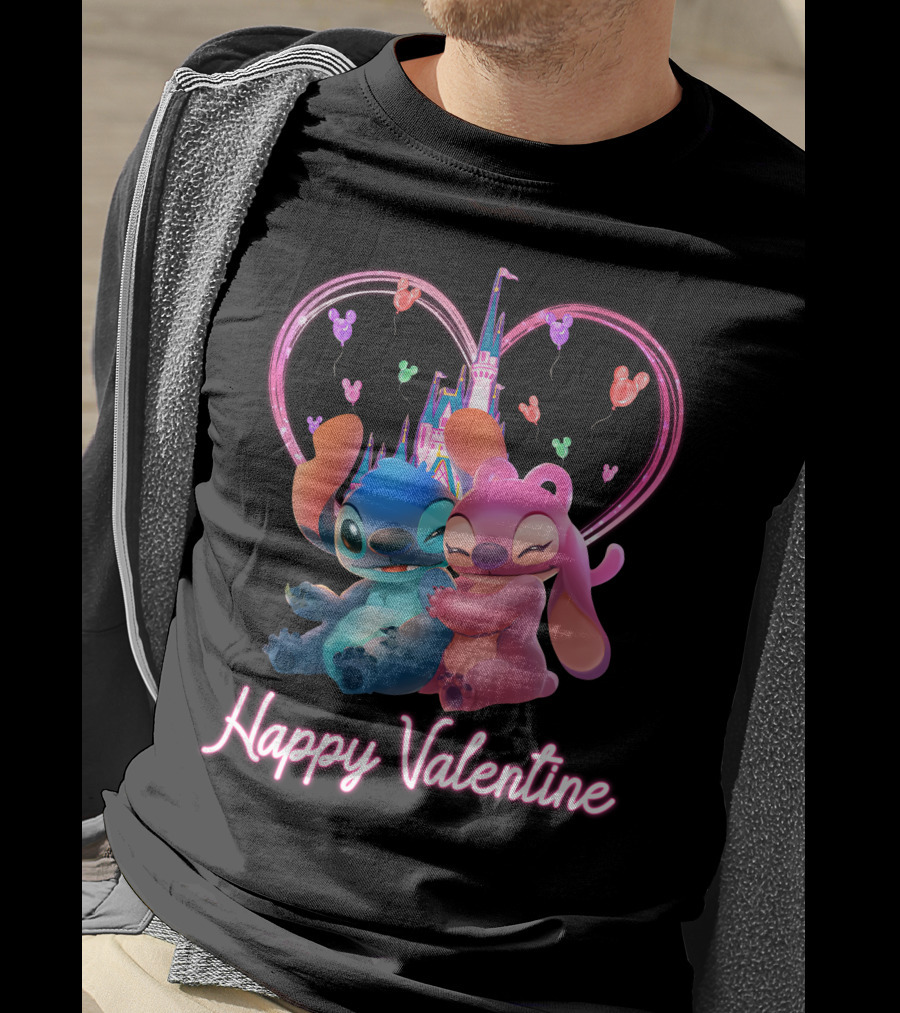 Happy Valentine Stitch Angel Castle Heart Balloons T-Shirt
