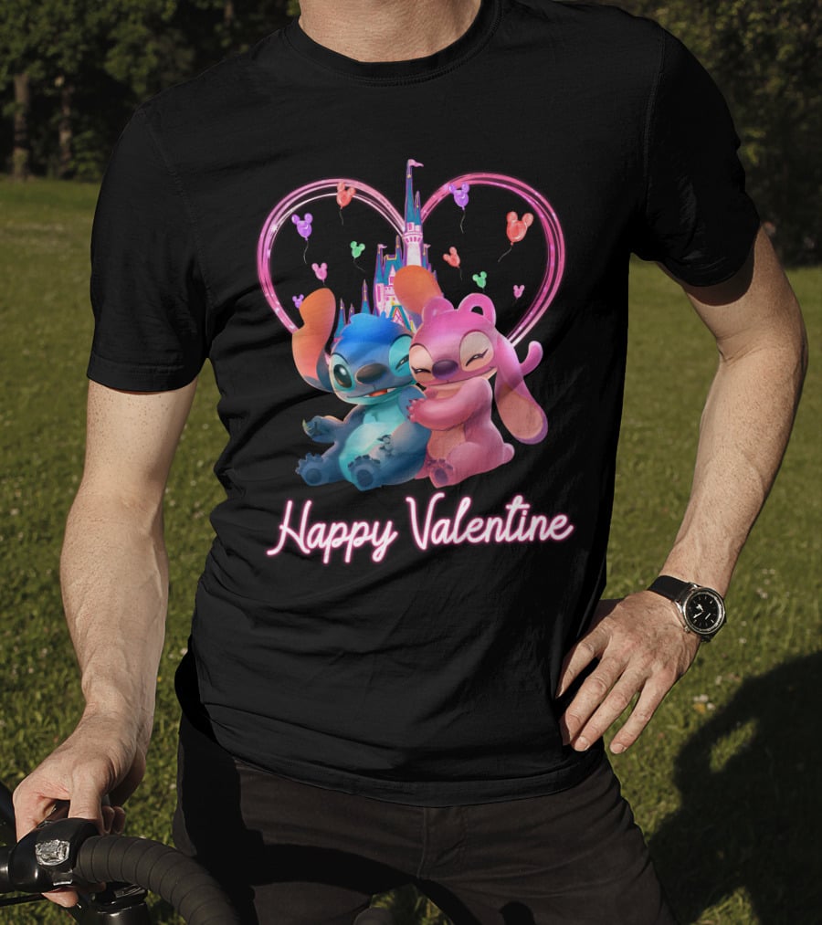 Happy Valentine Stitch Angel Castle Heart Balloons T-Shirt