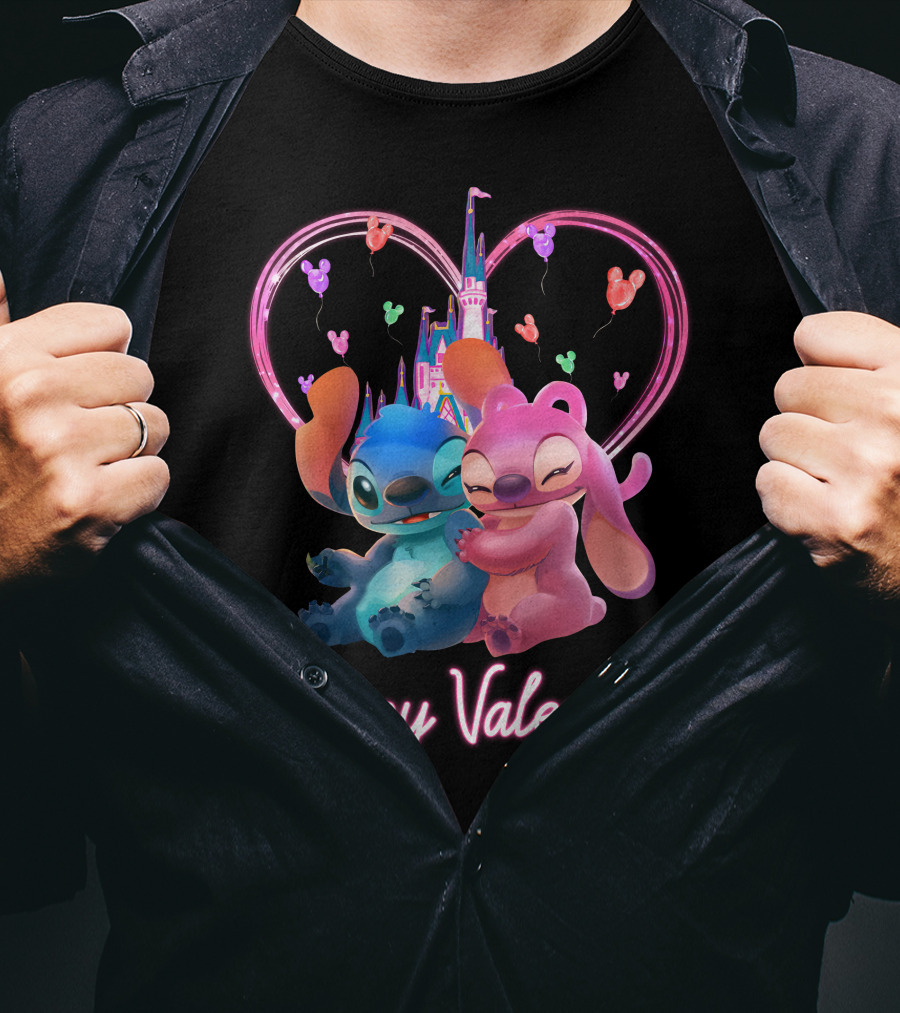 Happy Valentine Stitch Angel Castle Heart Balloons T-Shirt