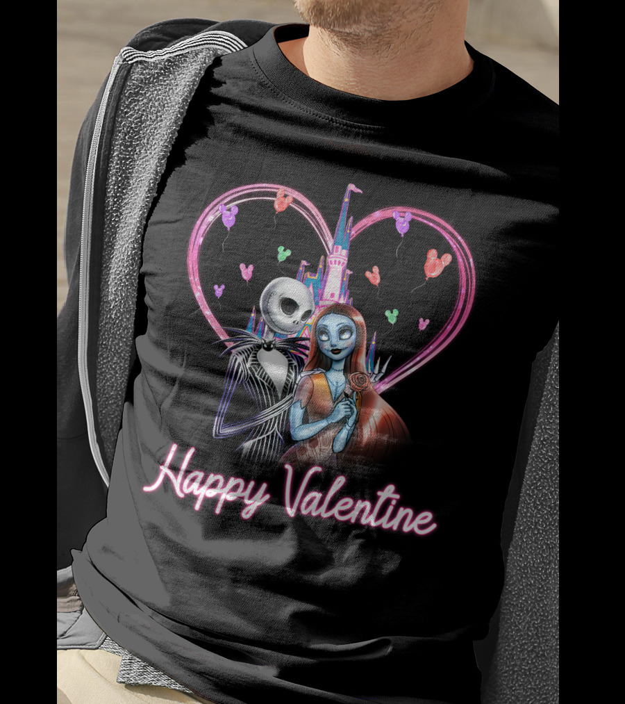 Happy Valentine Jack And Sally Disney Castle Heart Balloons T-Shirt