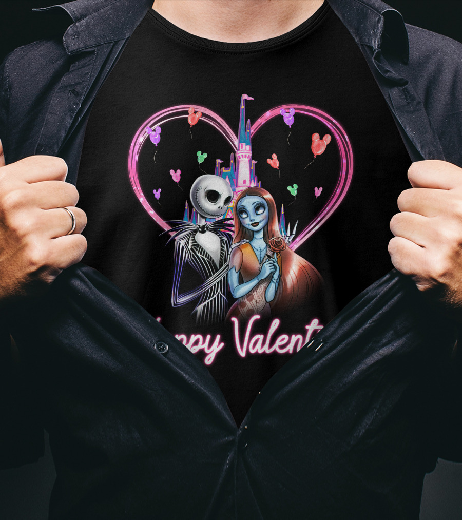 Happy Valentine Jack And Sally Disney Castle Heart Balloons T-Shirt