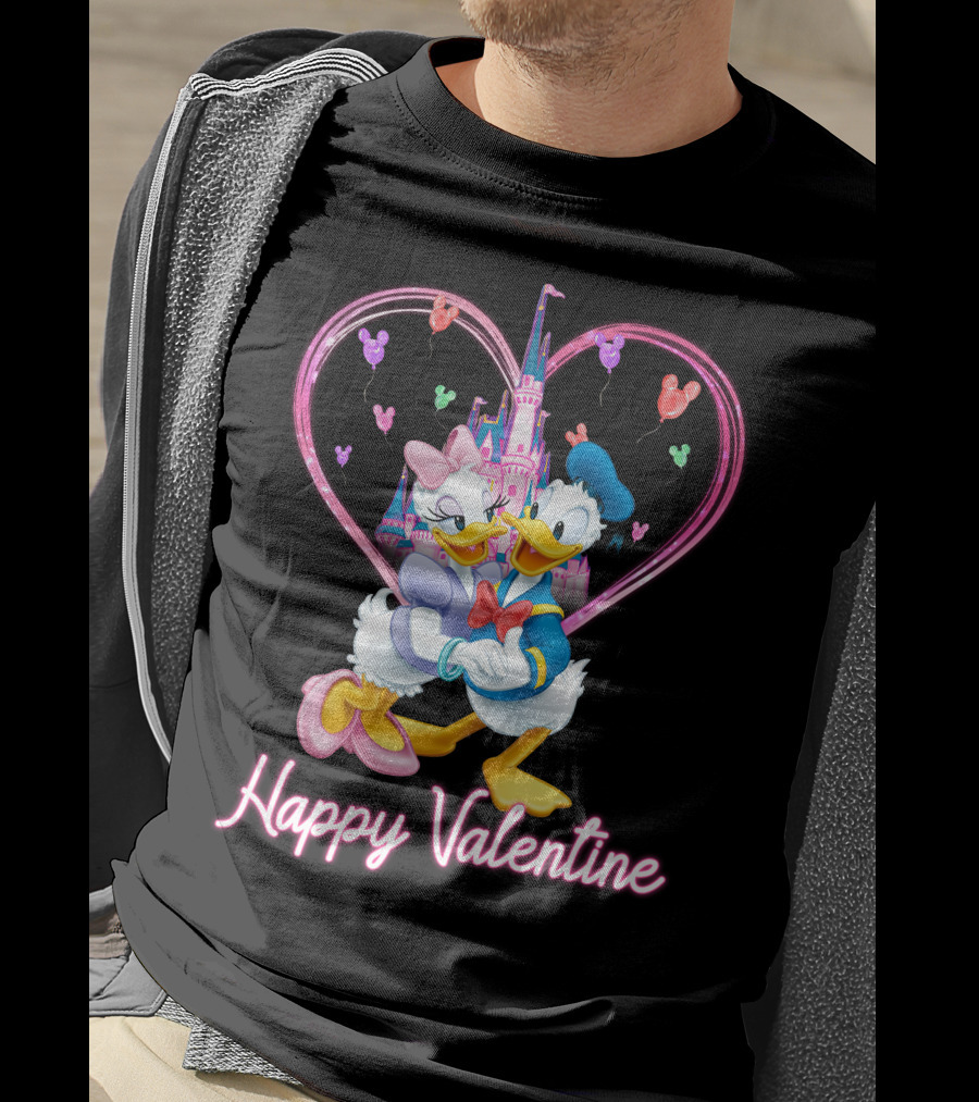 Happy Valentine Donald And Daisy In Front Of Heart Castle T-Shirt