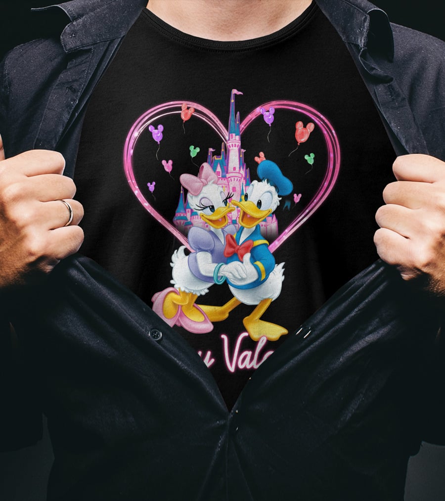 Happy Valentine Donald And Daisy In Front Of Heart Castle T-Shirt