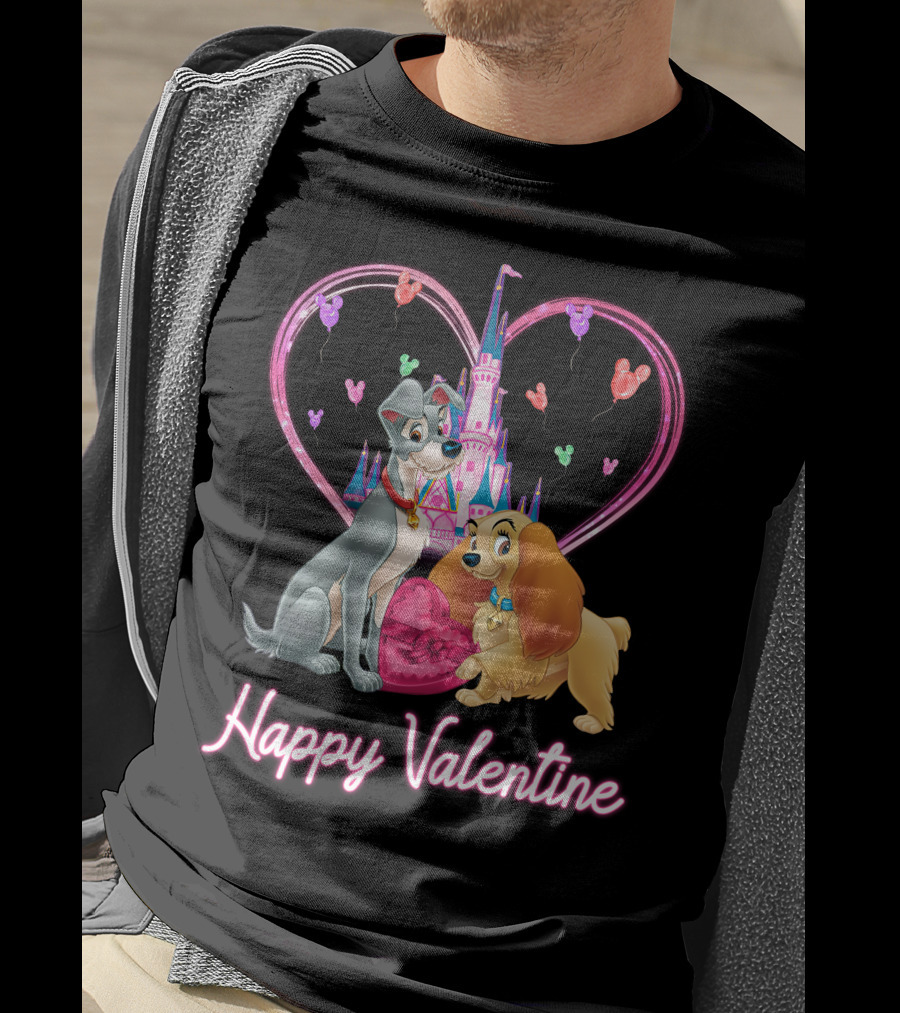 Happy Valentine Lady & The Tramp Heart Castle Balloons T-Shirt