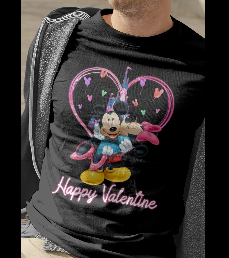 Mickey & Minnie Happy Valentine Heart And Castle Celebration T-Shirt