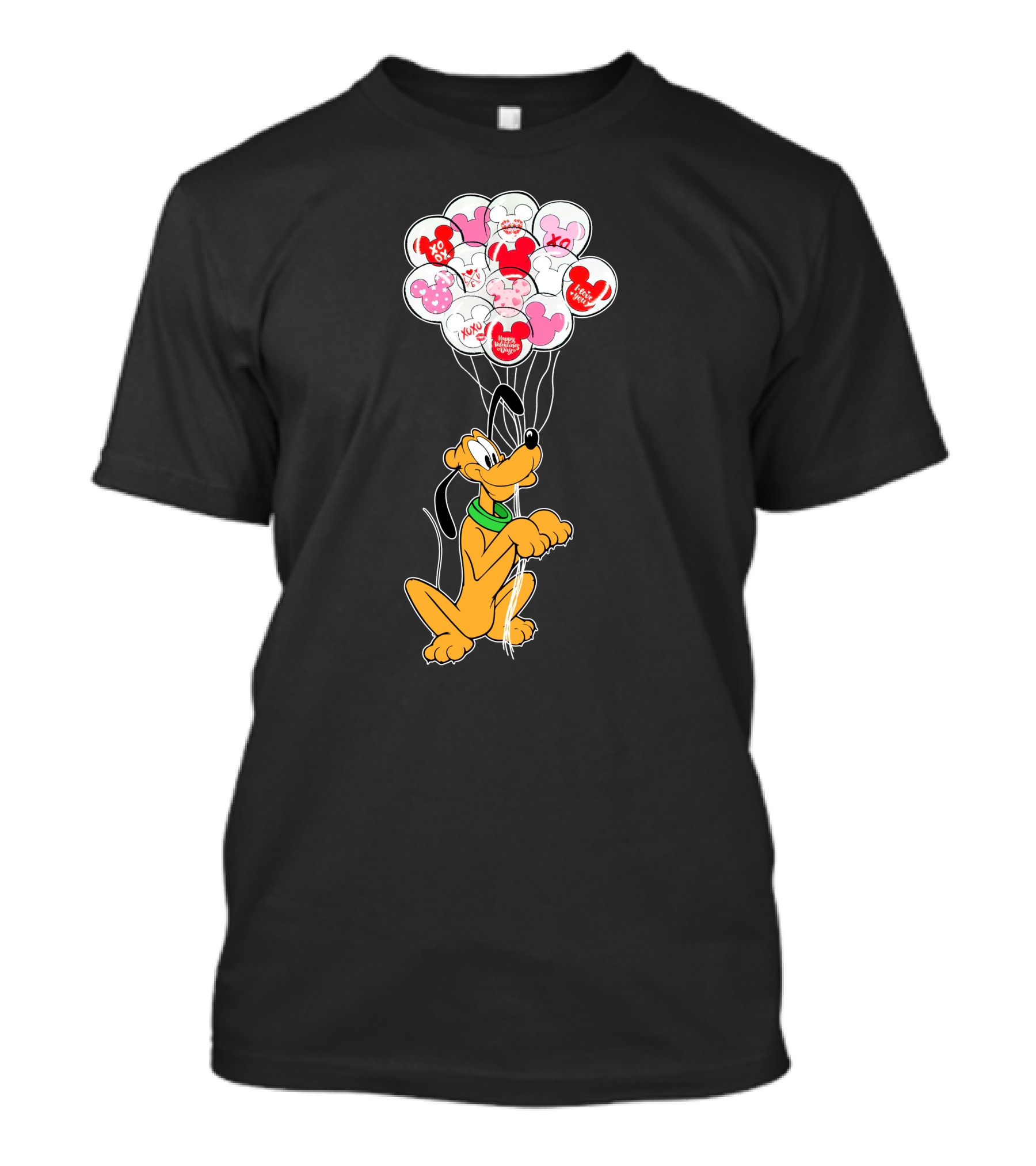 Pluto Holding Mickey And Minnie Balloons With Hearts And Xo Patterns T-Shirt