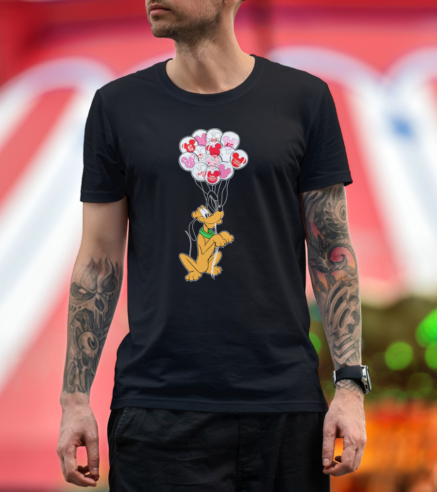Pluto Holding Mickey And Minnie Balloons With Hearts And Xo Patterns T-Shirt