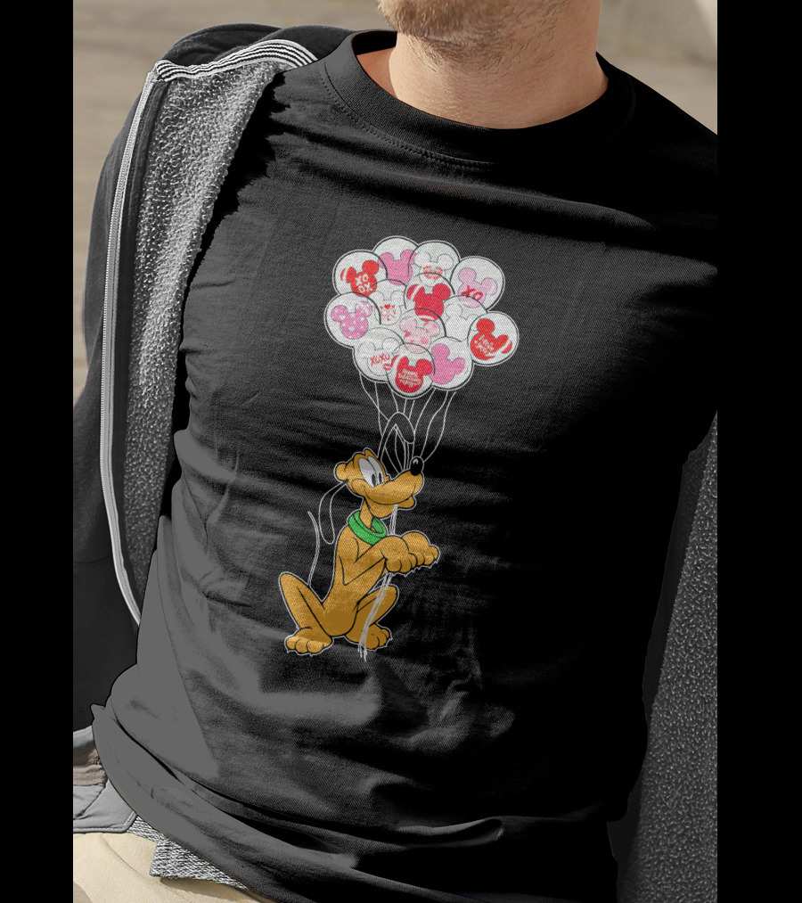 Pluto Holding Mickey And Minnie Balloons With Hearts And Xo Patterns T-Shirt