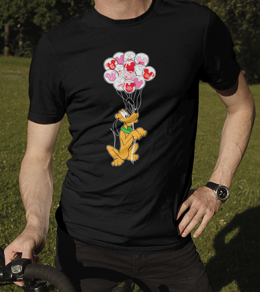 Pluto Holding Mickey And Minnie Balloons With Hearts And Xo Patterns T-Shirt