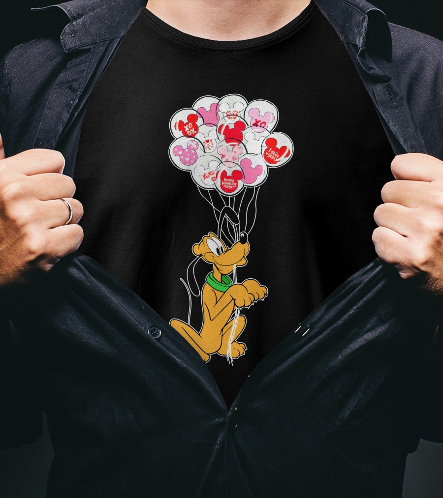 Pluto Holding Mickey And Minnie Balloons With Hearts And Xo Patterns T-Shirt