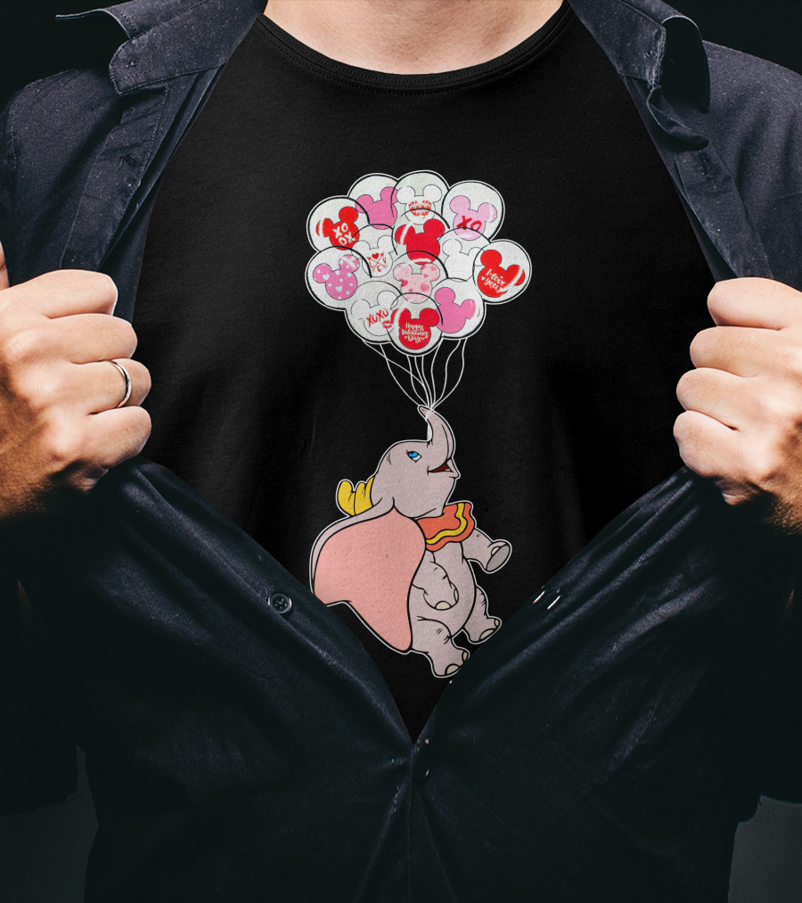 Dumbo Flying With Heart Balloons Featuring Valentine Xo And Mickey T-Shirt