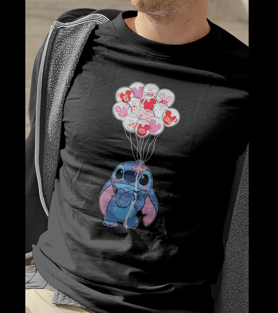 Stitch And Mickey Balloons Valentine's Xo Love T-Shirt