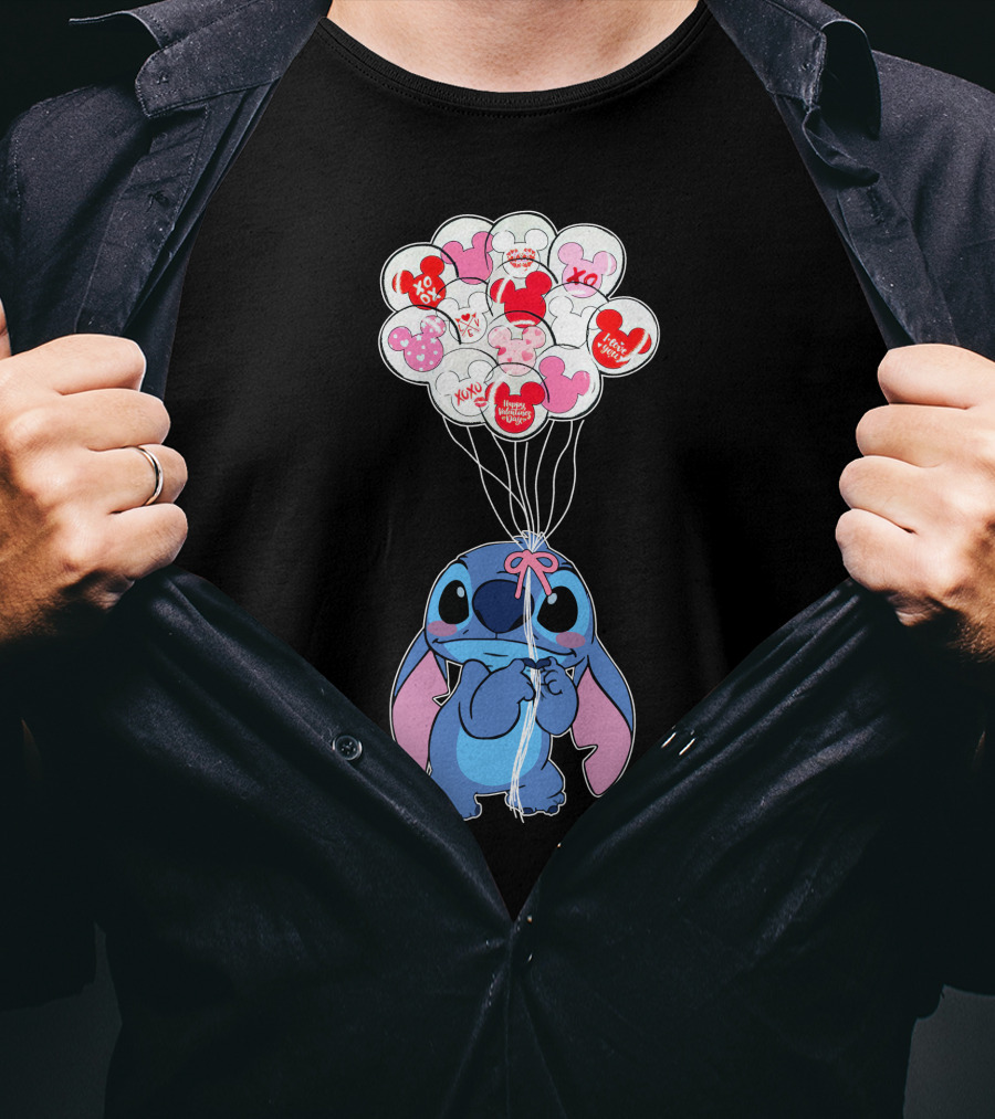 Stitch And Mickey Balloons Valentine's Xo Love T-Shirt