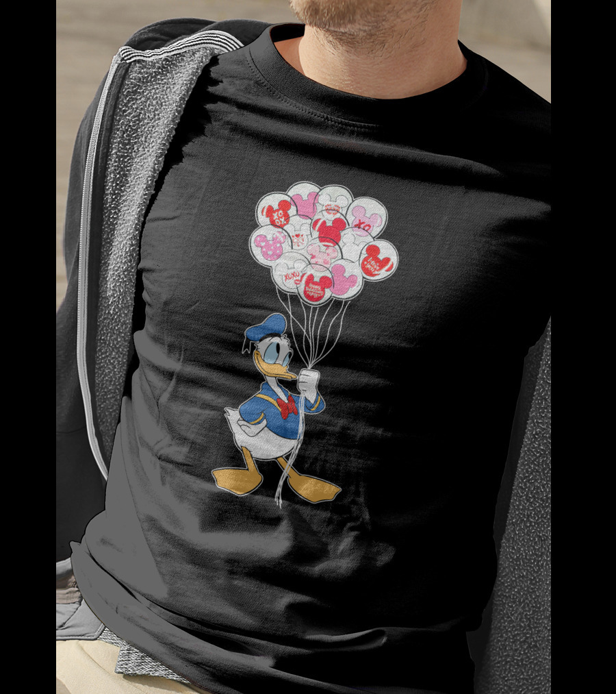 Donald Duck Holding Heart Balloons With Mickey Mouse And Minnie Icons T-Shirt