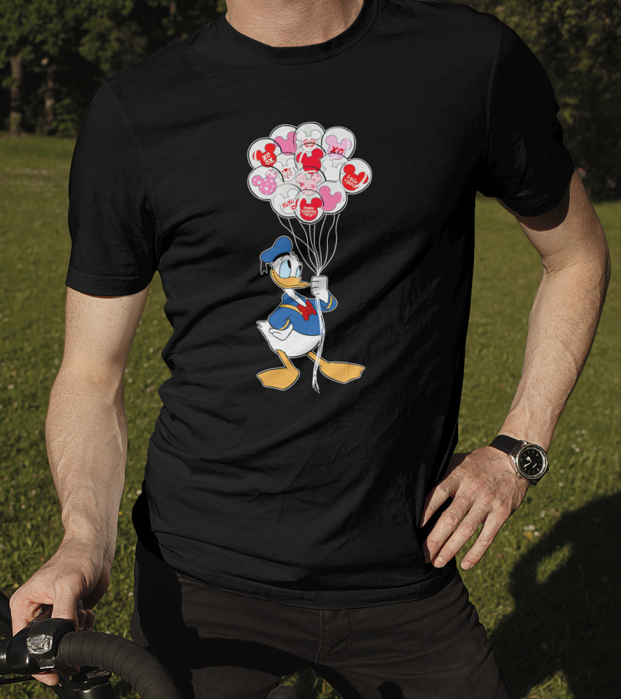 Donald Duck Holding Heart Balloons With Mickey Mouse And Minnie Icons T-Shirt