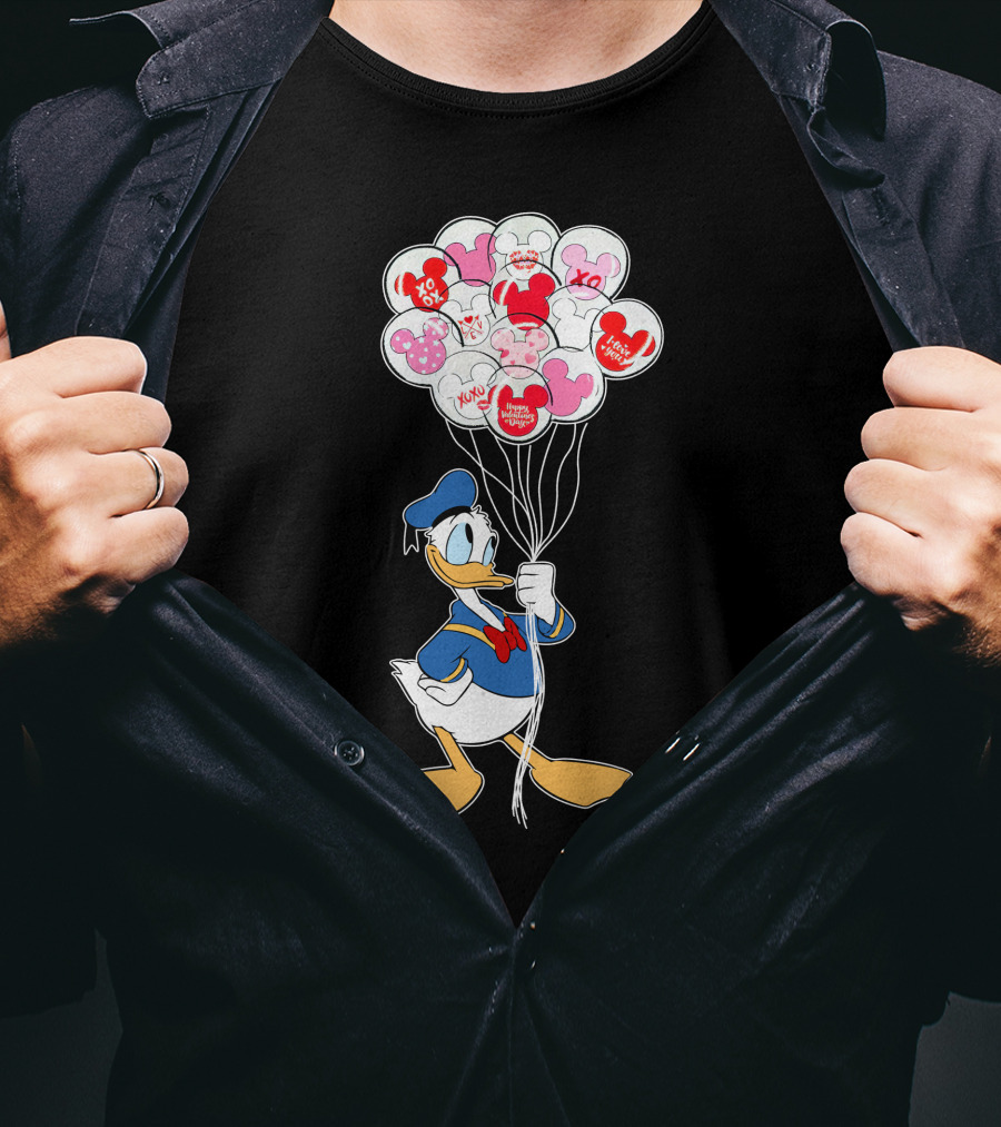 Donald Duck Holding Heart Balloons With Mickey Mouse And Minnie Icons T-Shirt