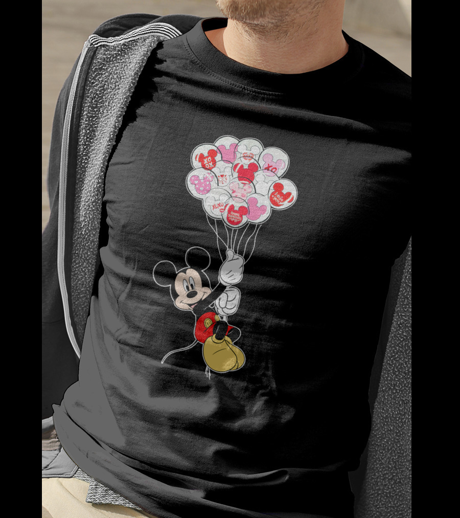 Mickey Mouse Holding Heart Balloons With Xo Love Messages T-Shirt
