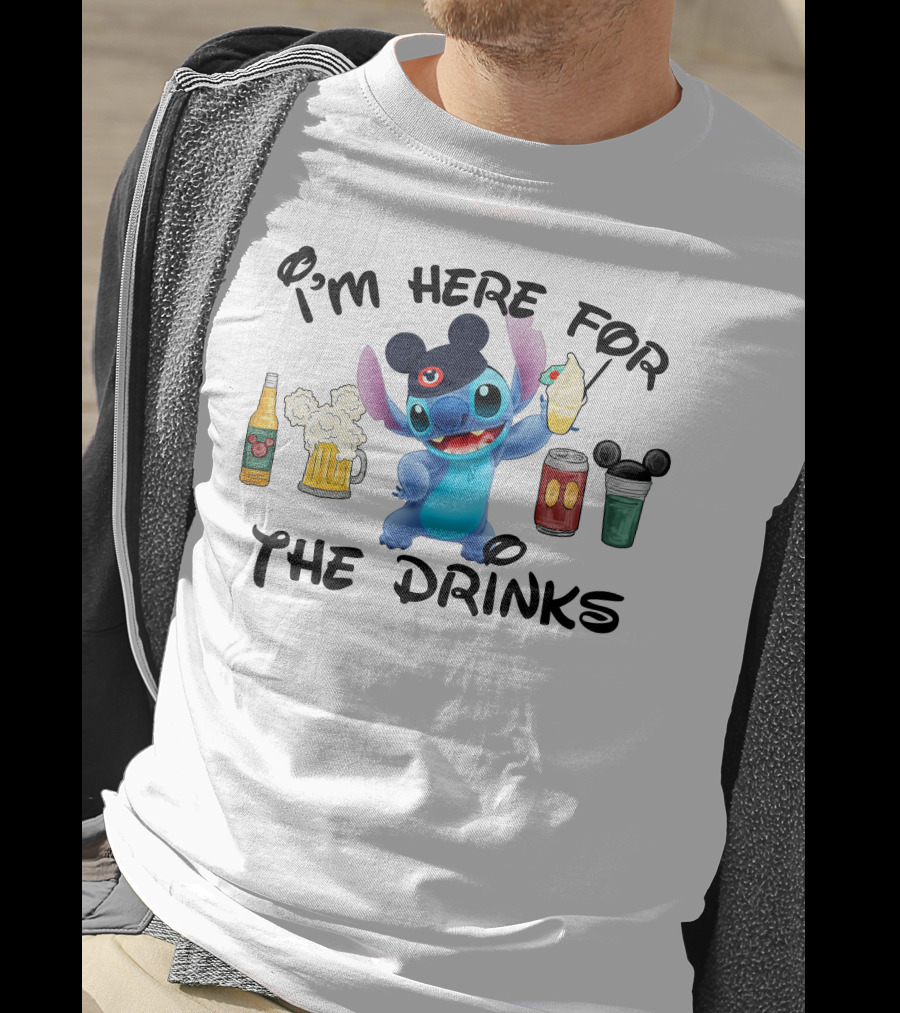 I'm Here For The Drinks Disney Stitch Hat Beer Cocktails T-Shirt
