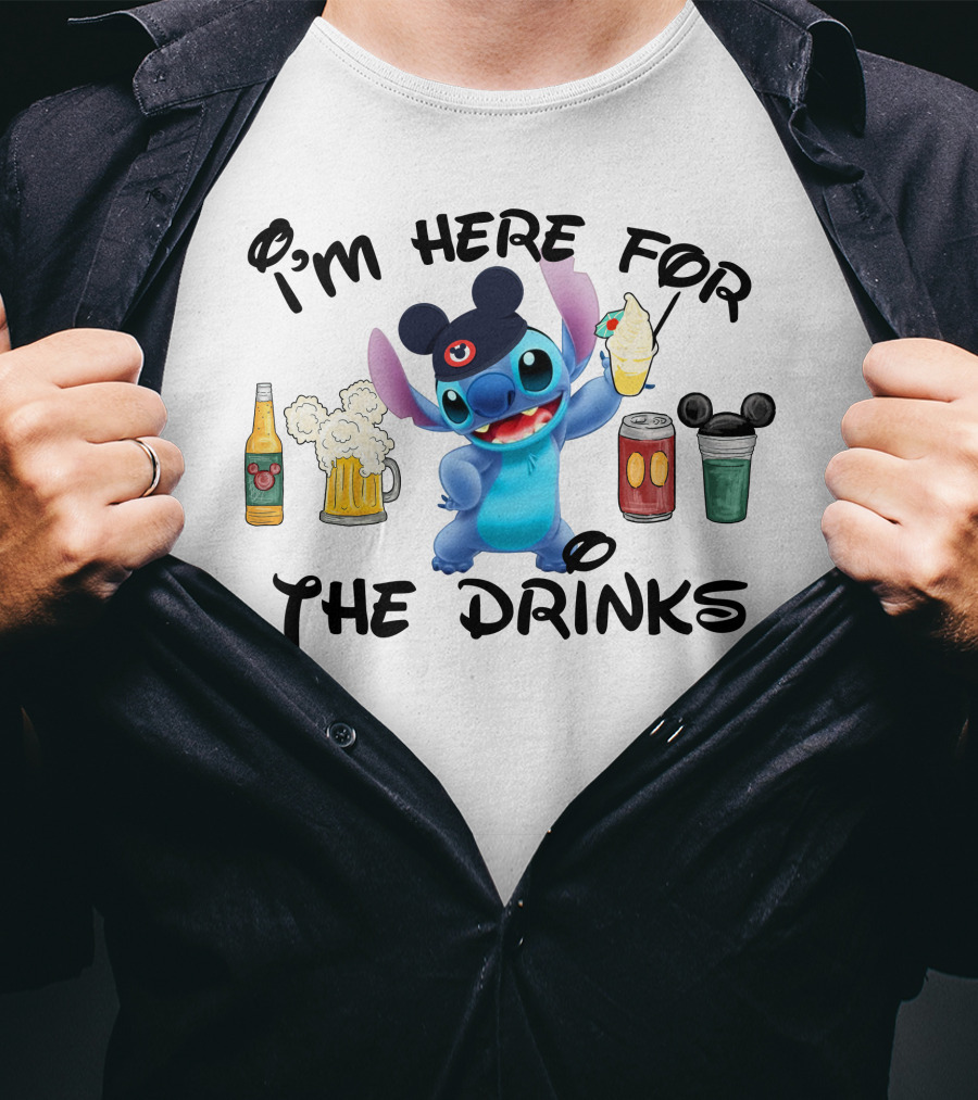 I'm Here For The Drinks Disney Stitch Hat Beer Cocktails T-Shirt