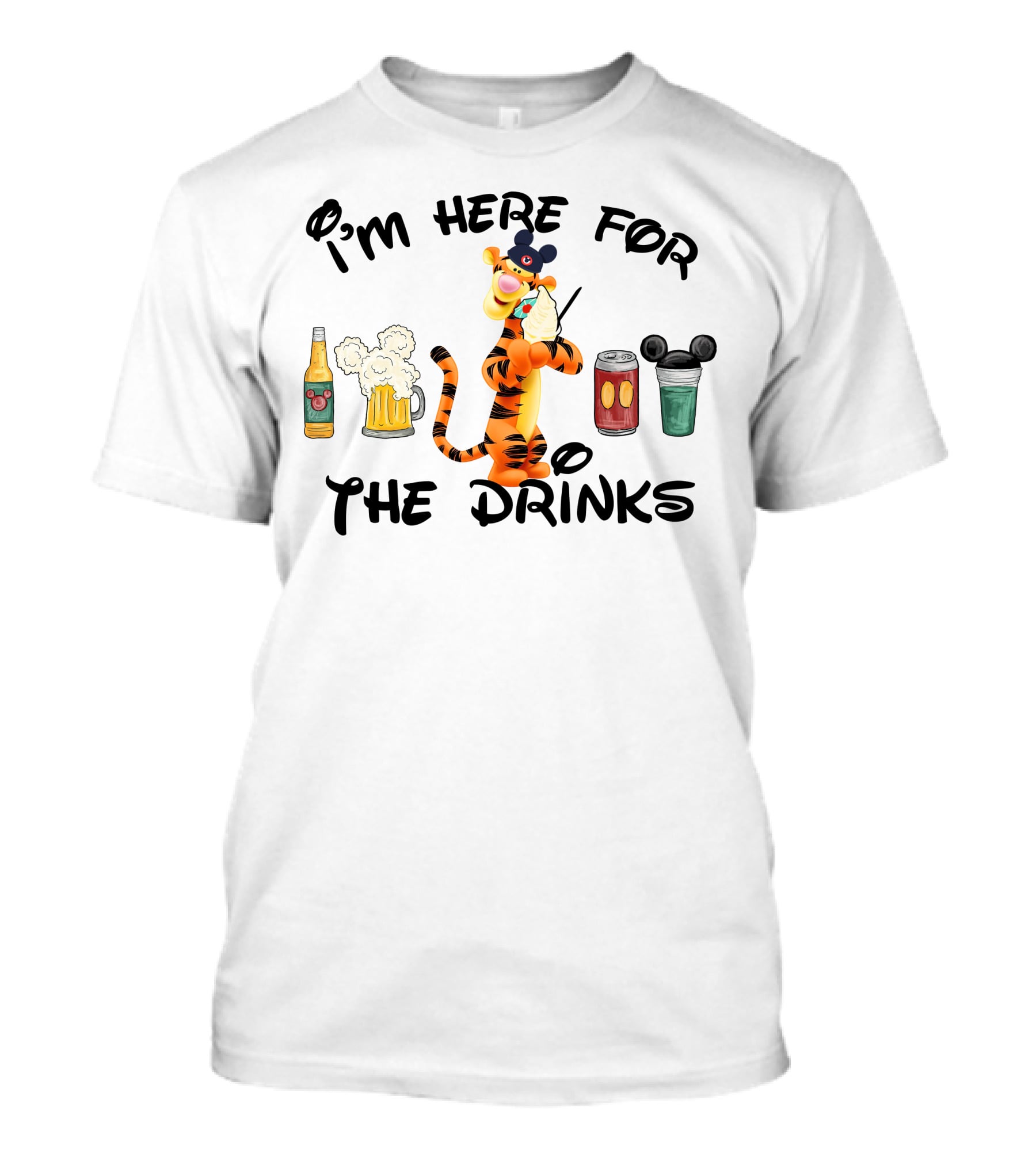I'm Here For The Drinks Tigger Mickey Ears Beer Can Bottle T-Shirt