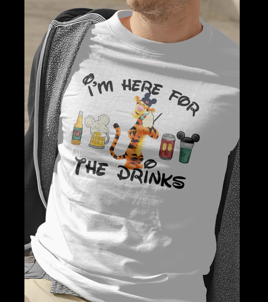 I'm Here For The Drinks Tigger Mickey Ears Beer Can Bottle T-Shirt