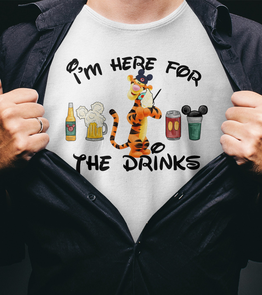 I'm Here For The Drinks Tigger Mickey Ears Beer Can Bottle T-Shirt