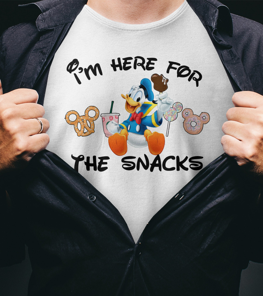 I'm Here For The Snacks Donald Duck Mickey Mouse Pretzel Lollipop Ice Cream Drink T-Shirt