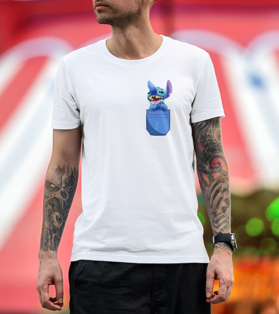 Stitch Pocket Smiling Face With Purple Ears T-Shirt