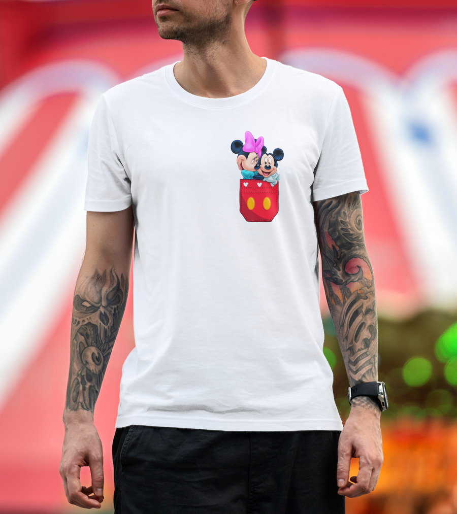 Mickey Mouse And Minnie Mouse In Red Pocket With Hearts And Bow T-Shirt